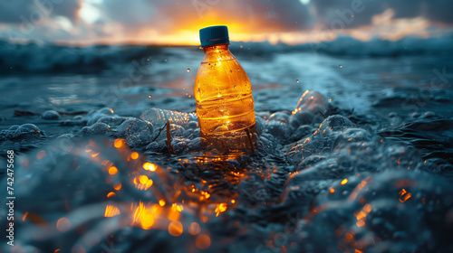 a plastic bottle is floating in the ocean at sunset