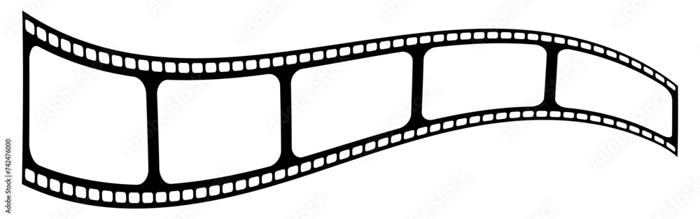 Wavy film with empty frames for your content. Reel, tape, movie, cinema, filming, director, cinematography, video, filmstrip, negative, retro, recording, vintage, celluloid, cinefilm. Vector