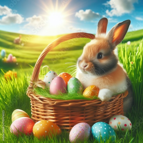 Easter bunny on a beautiful spring meadow with dandelions in front of a basket with Easter eggs