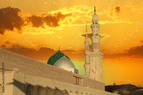 A mosque with a green dome . Masjid nabi of Medina. Green dome. photo