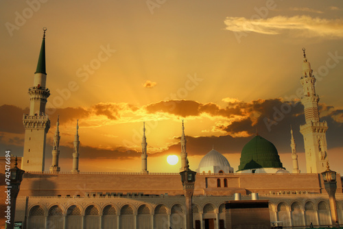 A mosque with a green dome . Masjid nabi of Medina. Green dome. photo