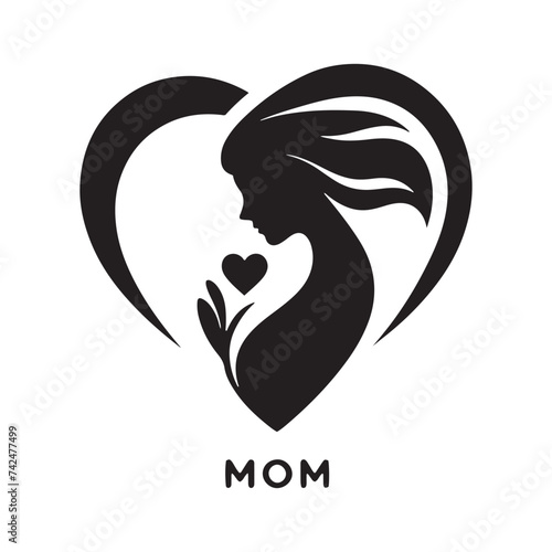 Mother's Love: A Silhouette Heart with 'Mom' Engraved Within, Capturing the Essence of Unconditional Affection and Endearment. Vector Mother silhouette, vector Mother love.