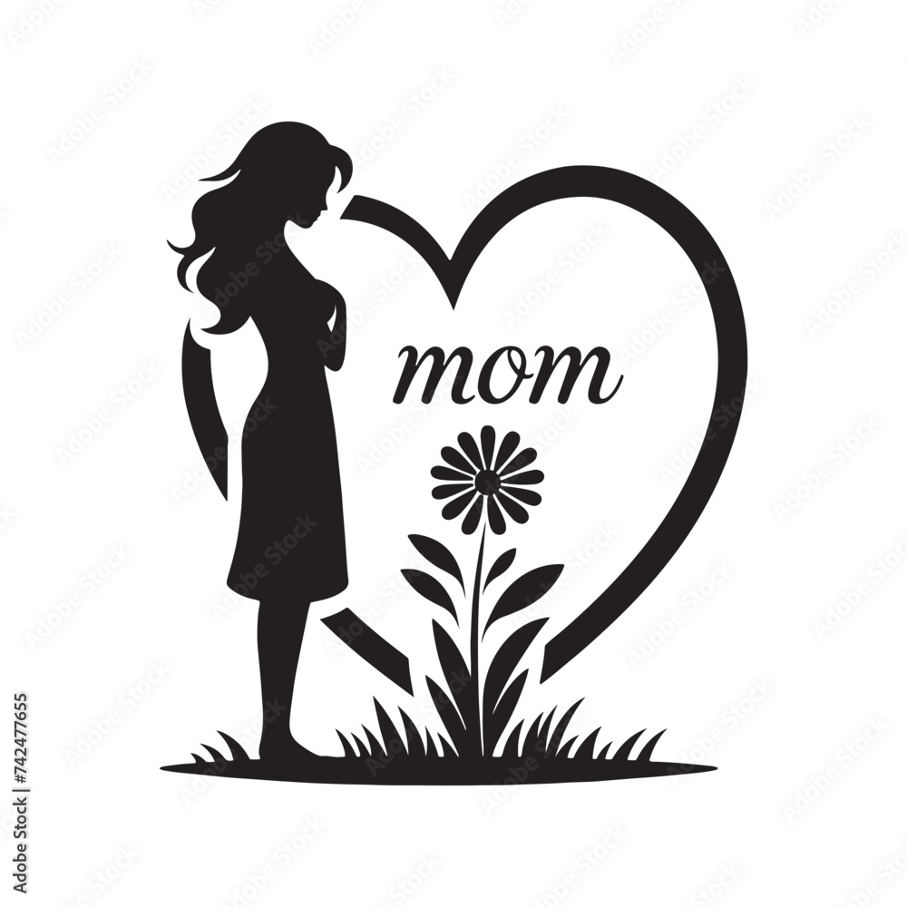 Mother's Love: A Silhouette Heart with 'Mom' Engraved Within, Capturing the Essence of Unconditional Affection and Endearment. Vector Mother silhouette, vector Mother love. Mother's Love: A Silhouette Heart with 'Mom' Engraved Within, Capturing the Essence of Unconditional Affection and Endearment. Vector Mother silhouette, vector Mother love.