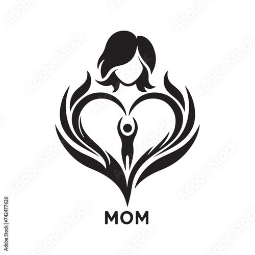 Mother's Love: A Silhouette Heart with 'Mom' Engraved Within, Capturing the Essence of Unconditional Affection and Endearment. Vector Mother silhouette, vector Mother love.