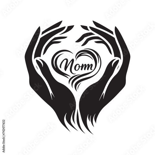 Mother's Love: A Silhouette Heart with 'Mom' Engraved Within, Capturing the Essence of Unconditional Affection and Endearment. Vector Mother silhouette, vector Mother love.