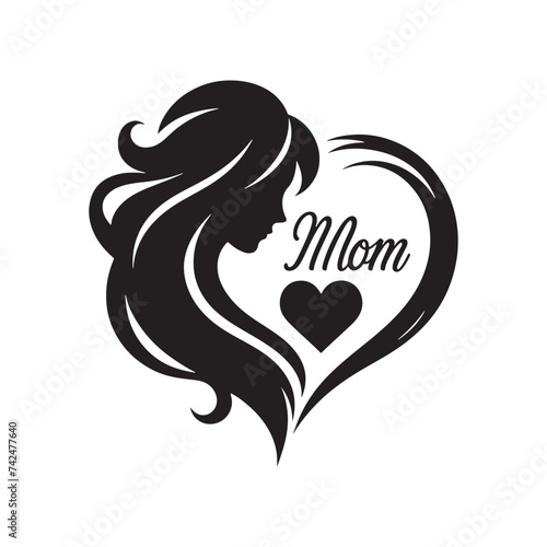 Mother's Love: A Silhouette Heart with 'Mom' Engraved Within, Capturing the Essence of Unconditional Affection and Endearment. Vector Mother silhouette, vector Mother love.