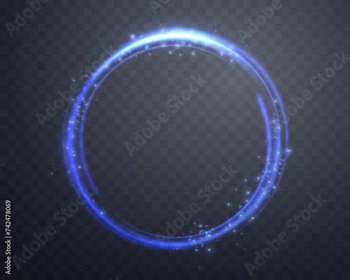 Blue magic ring with glowing. Neon realistic energy flare halo ring. Abstract light effect on a dark transparent background. Vector illustration.