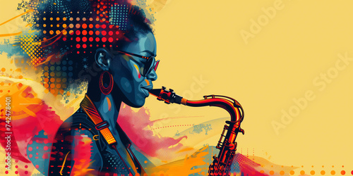 Beautiful African American female musician wearing sunglasses playing jazz music on the saxophone. Portrait of a saxophonist on a yellow background, banner. Colorful illustration with place for text