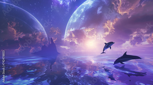 Design a unique backdrop background showcasing an ethereal surreal landscape where dolphins gracefully soar through the sky instead of swimming in the ocean accompanied by awe inspiring celestial