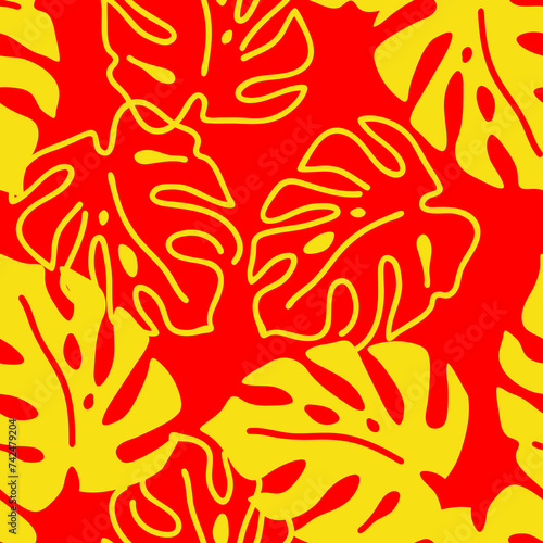 Monstera leaves decorative seamless pattern for textile design, fabric print, digital or wrapping paper, wallpaper, background and backdrop, decoration. Tropical summer holiday theme.