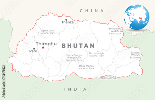 Bhutan map with capital Thimphu, most important cities and national borders