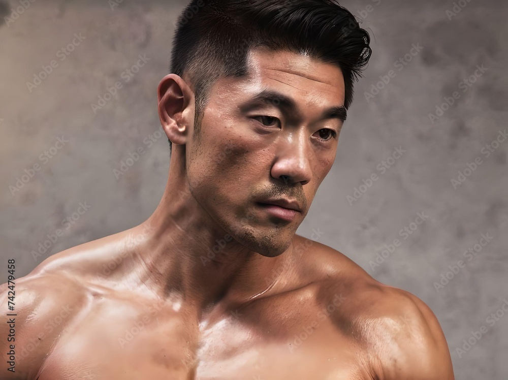 Muscle Shirtless Asian Guy Sweaty Portrait Isolated on Grey Wall Muscle Shirtless Asian Guy Sweaty Portrait Isolated on Grey Wall