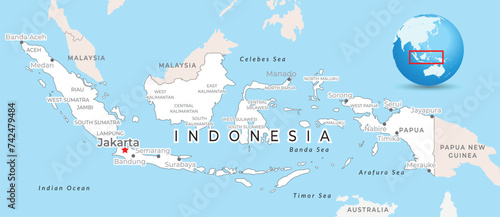 Indonesia map with capital Jakarta, most important cities and national borders