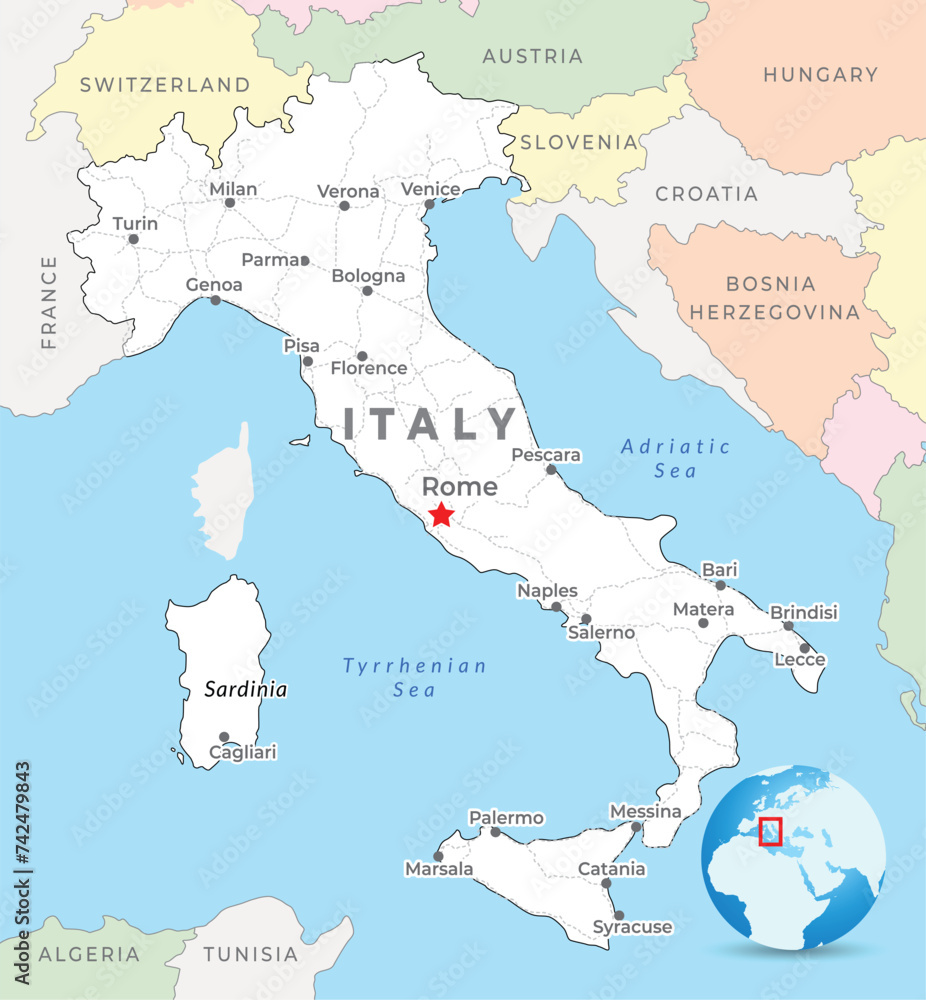 Italy map with capital Rome, most important cities and national borders