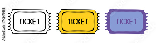 Ticket. Coupon, check, reservation, guarantee, pass, event, transport, travel card, plane, bus, public, colorful, black and white, buy in advance, book, free, special. Vector illustration