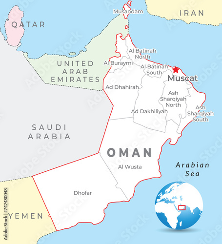 Oman map with capital Muscat, most important cities and national borders