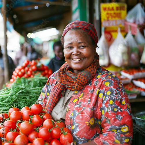Elderly woman wearing a colorful scarf smiling by a stall with tomatoes and greens, ai generated