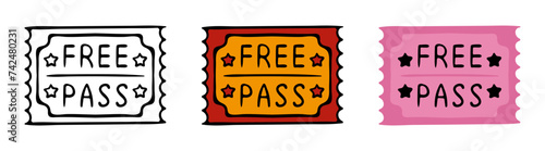Free pass. Coupon, check, reservation, guarantee, event, transport, travel card, plane, bus, public, buy in advance, book, ticket, special, colorful, black and white, stars. Vector illustration