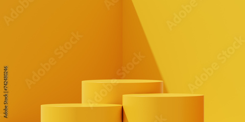 Empty yellow product podium display 3d room background with minimal pedestal show stand modern platform abstract light shadow showroom presentation backdrop cosmetic template geometric summer shelf.