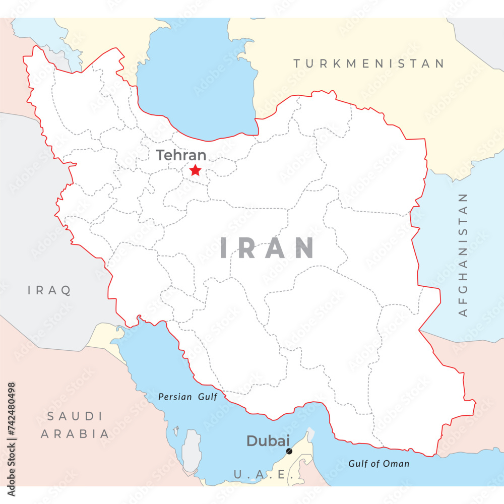 Iran map, capital Tehran, with national borders