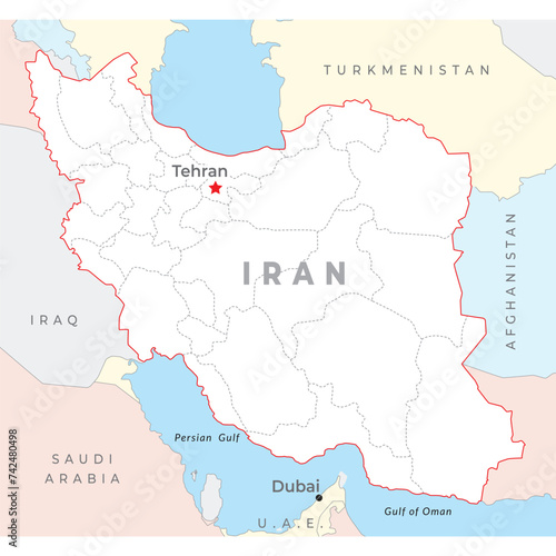 Iran map  capital Tehran  with national borders