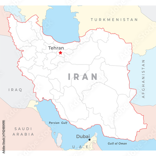 Iran map, capital Tehran, with national borders