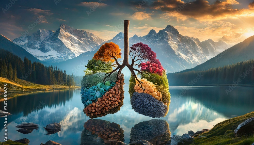 Silhouette of a lung with nature materials in front of epic background - obrazy, fototapety, plakaty 