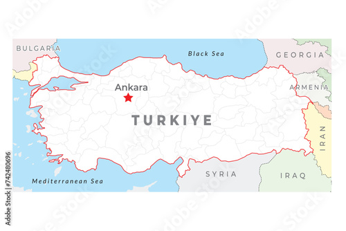 Turkey province map with capital Ankara, showing national borders photo