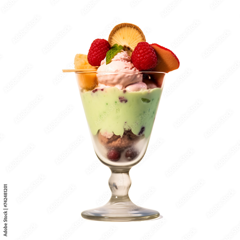 ice cream with fruits in glass, PNG image.