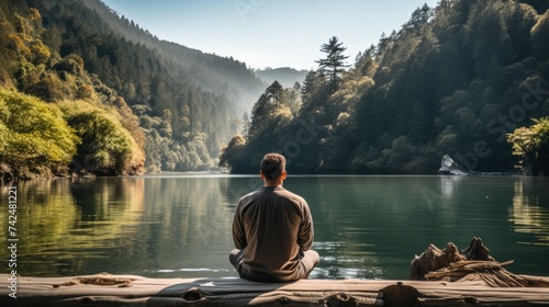 A person practices mindfulness in a serene place on the shores of a lake