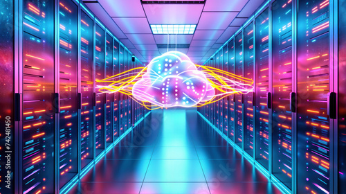 Server room with a cloud symbol. advanced technology for secure and efficient data management and networking, seamless communication and access to information in the modern cyber infrastructure