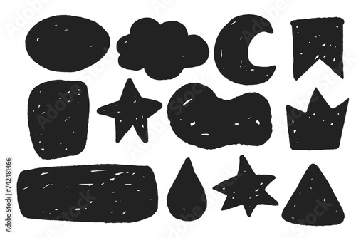 Set grunge comic elements text bloxes, speech bubble, stars, clous, moon jagged textured in doodle isolated on white background. photo