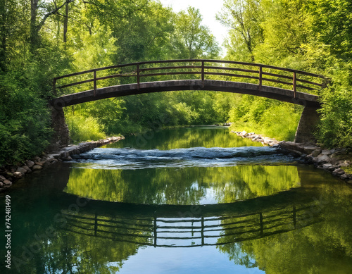 Bridge over a river. Calm and tranquil. Serene and natural setting with lush greenery. Concepts of nature, connecting and wellness.