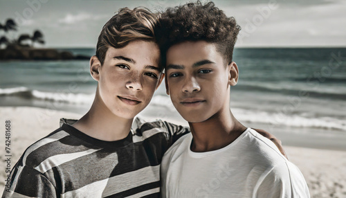 Portrait of two teenage boys on the beach, the concept of travel and holiday vacation © LynnC