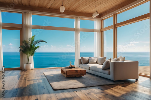 Experience luxury in this beach house with a living room overlooking the ocean. Enjoy the sofa on wooden floors  framed by a panoramic view of the sea  beach  and blue sky. Perfect for summer getaways