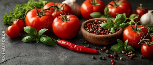 Tomatoes and basil on a dark background. © Andreas Fischer