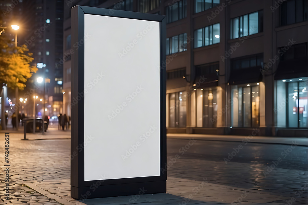 A blank vertical billboard stands illuminated amidst the city's nighttime glow, ready for your message. Positioned on a bustling street A blank vertical billboard stands illuminated amidst the city's nighttime glow, ready for your message. Positioned on a bustling street