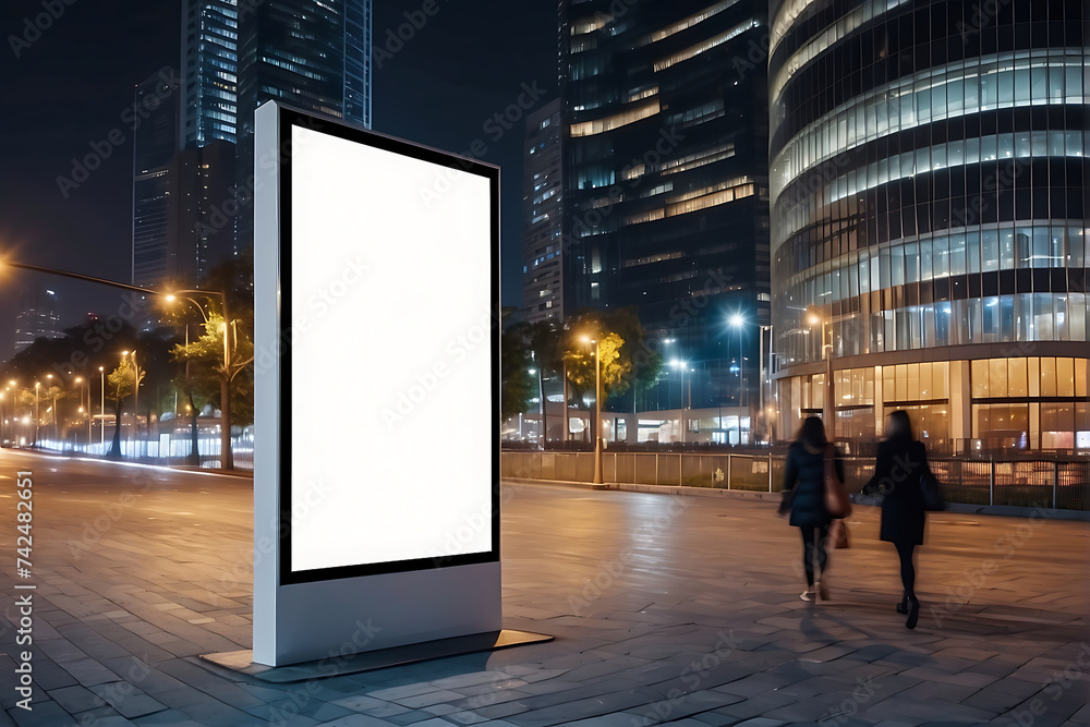 A blank vertical billboard stands illuminated amidst the city's nighttime glow, ready for your message. Positioned on a bustling street A blank vertical billboard stands illuminated amidst the city's nighttime glow, ready for your message. Positioned on a bustling street