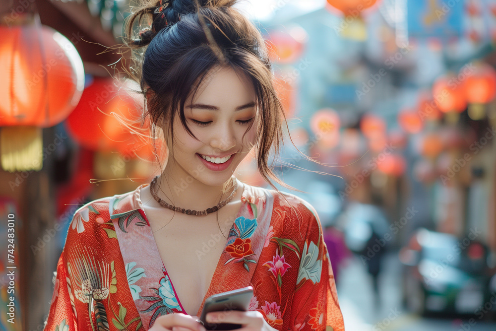 Attractive smiling Asian woman using mobile phone traveling on street market.