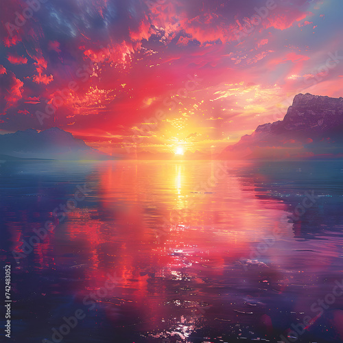A sunset over the ocean with clouds and water, Generate a high-resolution image of a serene sunset over a calm lake with vibrant colors, background image, Pro Photo   © Sana Ullah