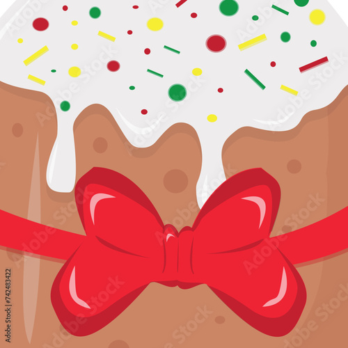 festive poster for the Easter holiday, namely Easter cake with white icing and sprinkles and a red bow on the whole canvas, for posters, banners or design