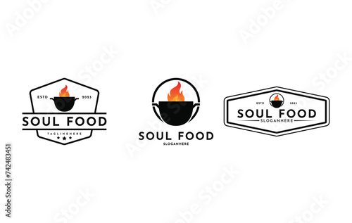 Soul food pot kitchen hot fire logo design vintage retro label set collection