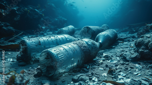 Electric blue plastic bottles float in the liquid ocean landscape
