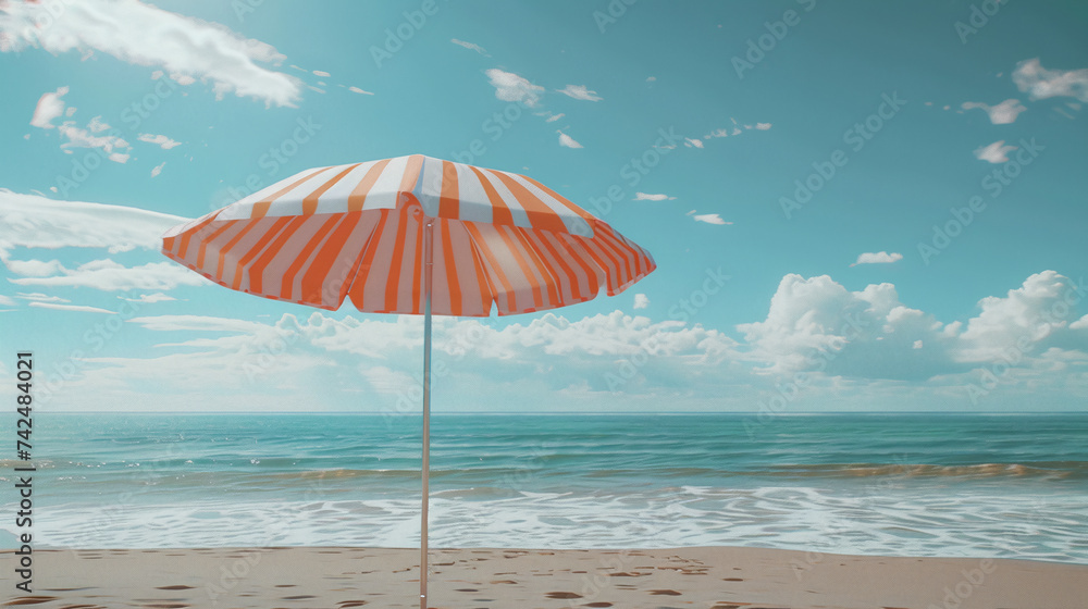 Photo of beach umbrella against the background of sea.  Retro style. Sun, sand and sea for summer holiday.