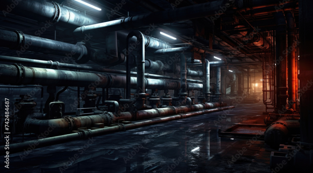 The basement of the factory. The tunnel in perspective. Pipes and communications on the walls. Puddles on the floor The basement of the factory. The tunnel in perspective. Pipes and communications on the walls. Puddles on the floor