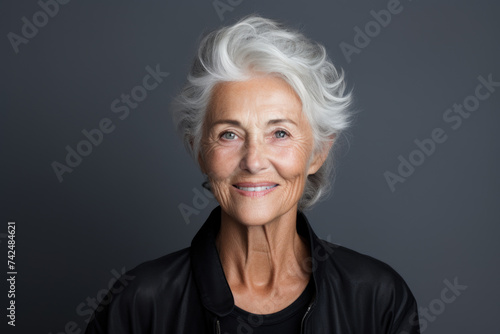 Close up portrait of beautiful older woman smiling and standing by wall © Ruslan Gilmanshin