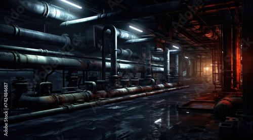 The basement of the factory. The tunnel in perspective. Pipes and communications on the walls. Puddles on the floor