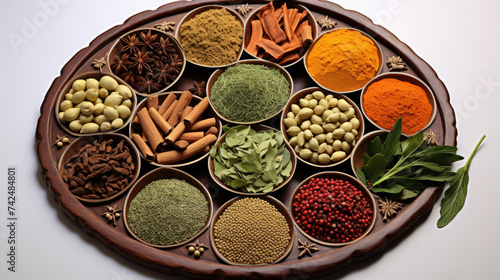 Colorful herbs and spices for cooking: turmeric, dill, paprika, cinnamon, saffron, basil and rosemary. Indian spices in wooden plate