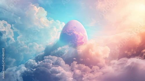 big easter egg in the top of mountain in dewy scena and animated pink cloud easter egg painted like a planet happy easter video background photo