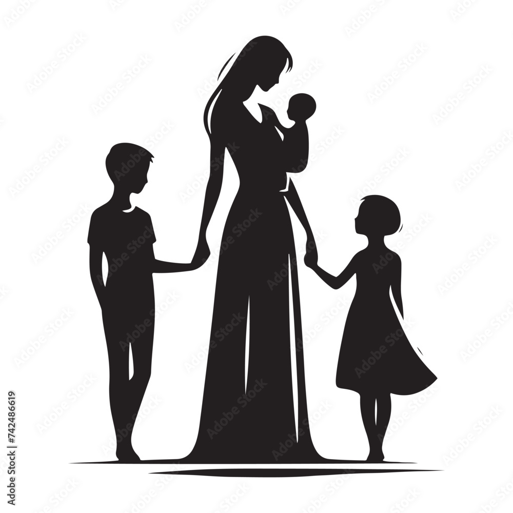 Linked by Love: A Silhouette of Mother and Children Holding Hands, Symbolizing Unbreakable Bonds and Enduring Affection.